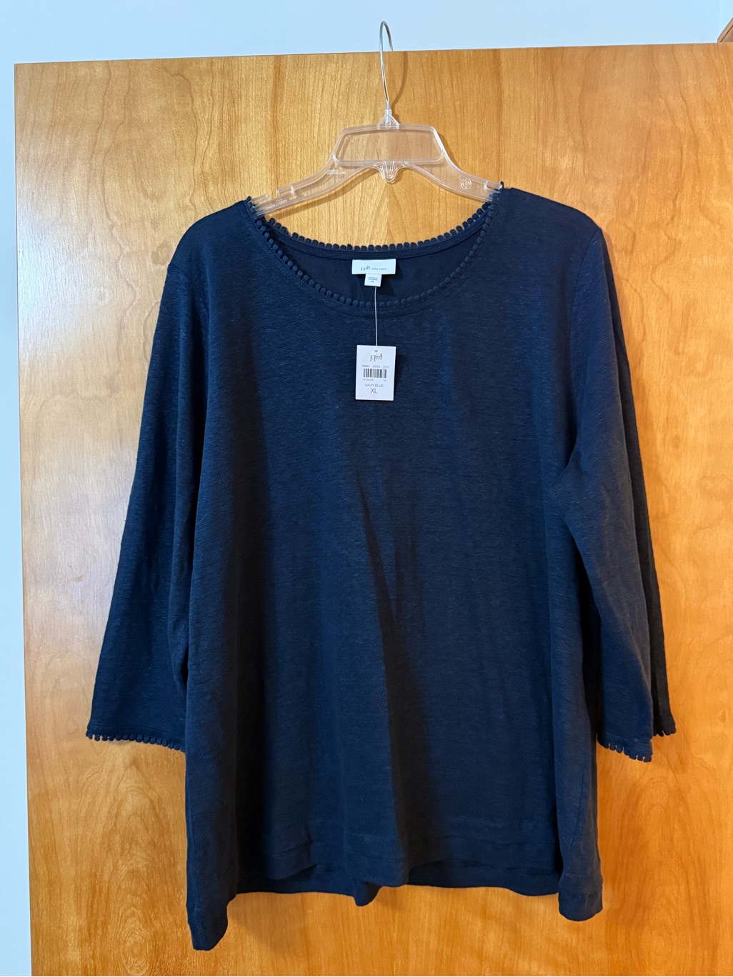 J. Jill Love Linen Navy Blue Crew Neck Top Shirt Decorative Trim Nwt Size Xl